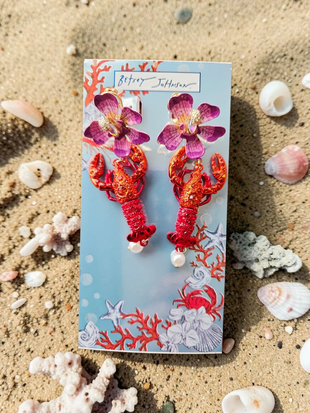 NWT BETSEY JOHNSON Mermaid Jewels Lobster Crystal Orchid Statement Earrings 2.5" - Picture 2 of 5